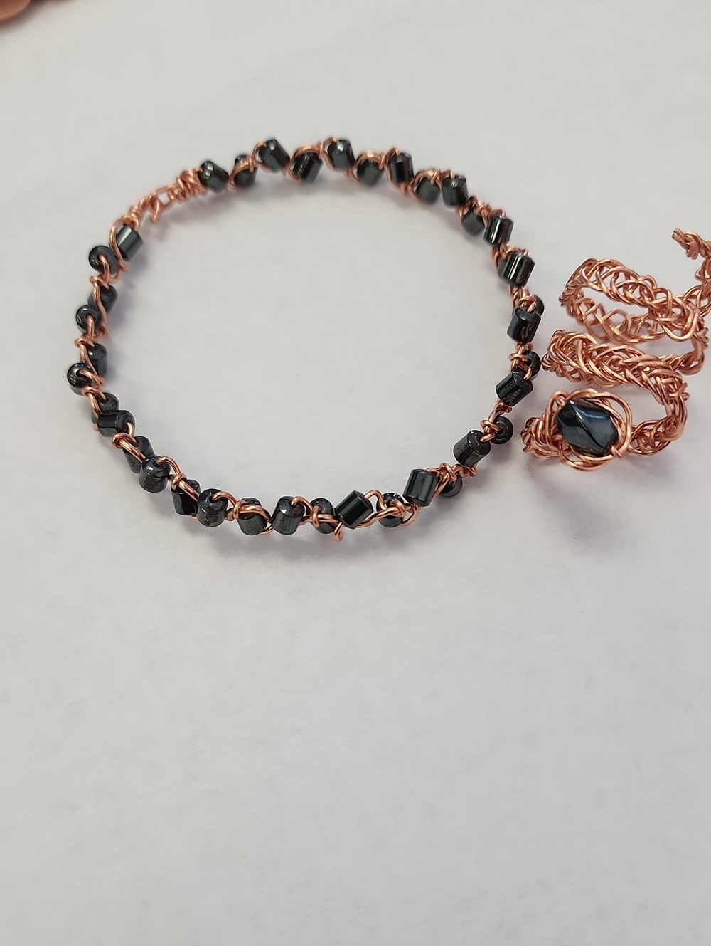 Handcrafted Copper Bracelet with Black Hematite Stone Ring Set